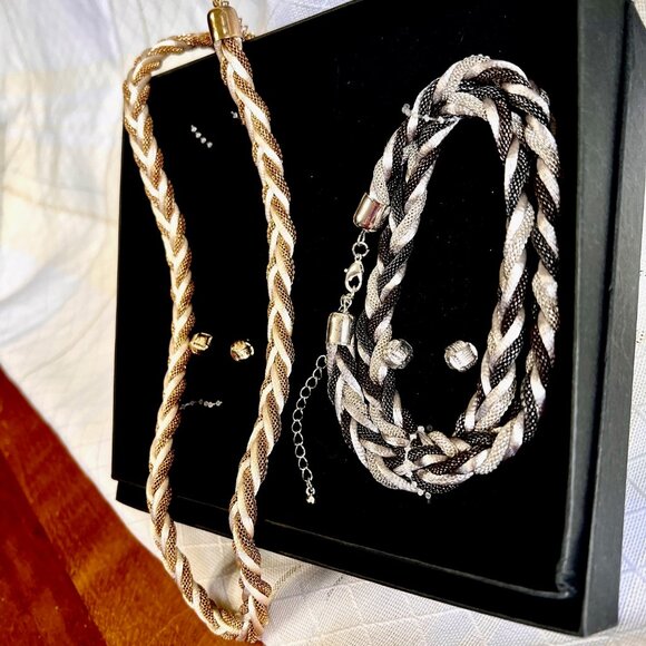 Braided Necklace and Earrings Set of 2, Gold and Black Woven Corded - Picture 5 of 10